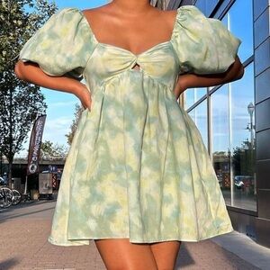 Future Collective Gabriella Green Tie Dye Puff Short Sleeve Mini Dress